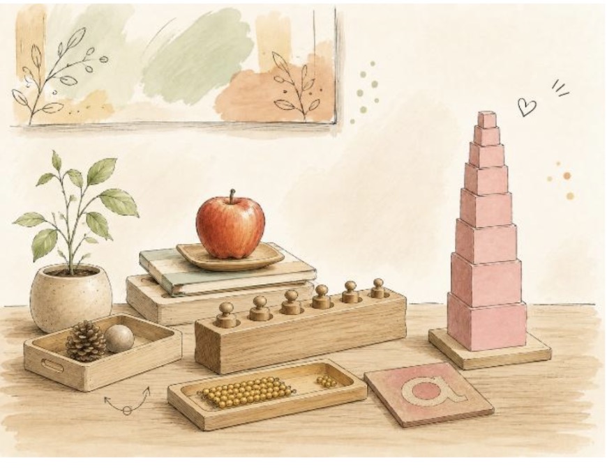 Montessori materials — pink tower, cylinder blocks, and hands-on learning at home